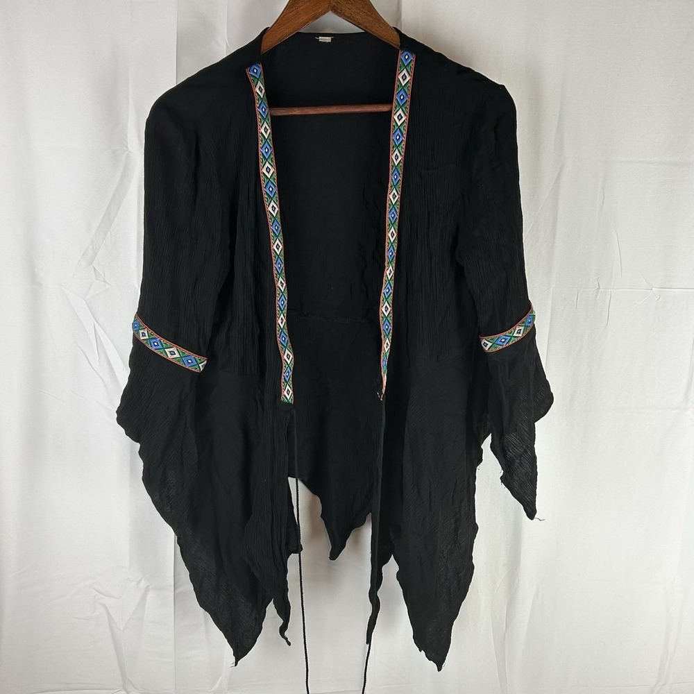 ENTRO Black Kimono Cardigan Southwestern Embroidery Trim‎ Size Medium BOHO
